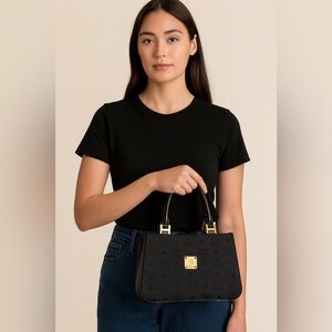 Vintage MCM Black Jacquard Logo Satchel – Gold Hardware – Rare Serial D2687 mini